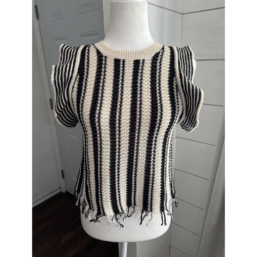 Eleven Six Sweater Womens Medium‎ Black Cream Stripe Pima Cotton Fringe Knit